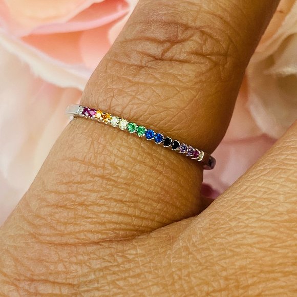 Sterling Silver Multi Color Cubic Zirconia Stackable Band Ring Size 6 - Picture 5 of 5